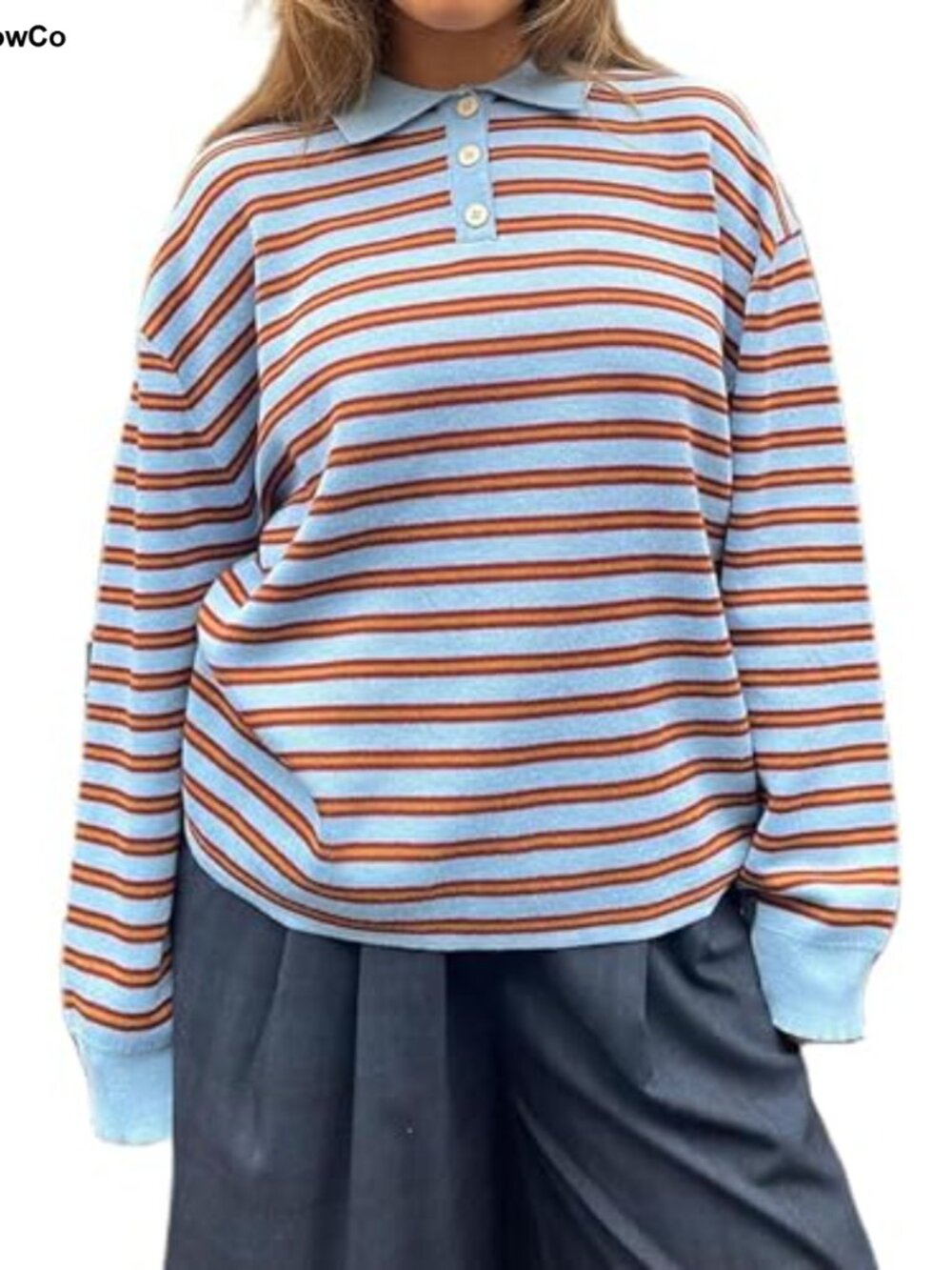 Vintage Rugby Shirt Women Striped Knit Polo Oversized Long Sleeve Preppy Sweater